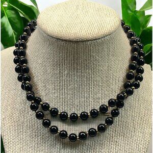 Vintage Black Beaded Necklace with Gold Bead Accents Glossy Elegant